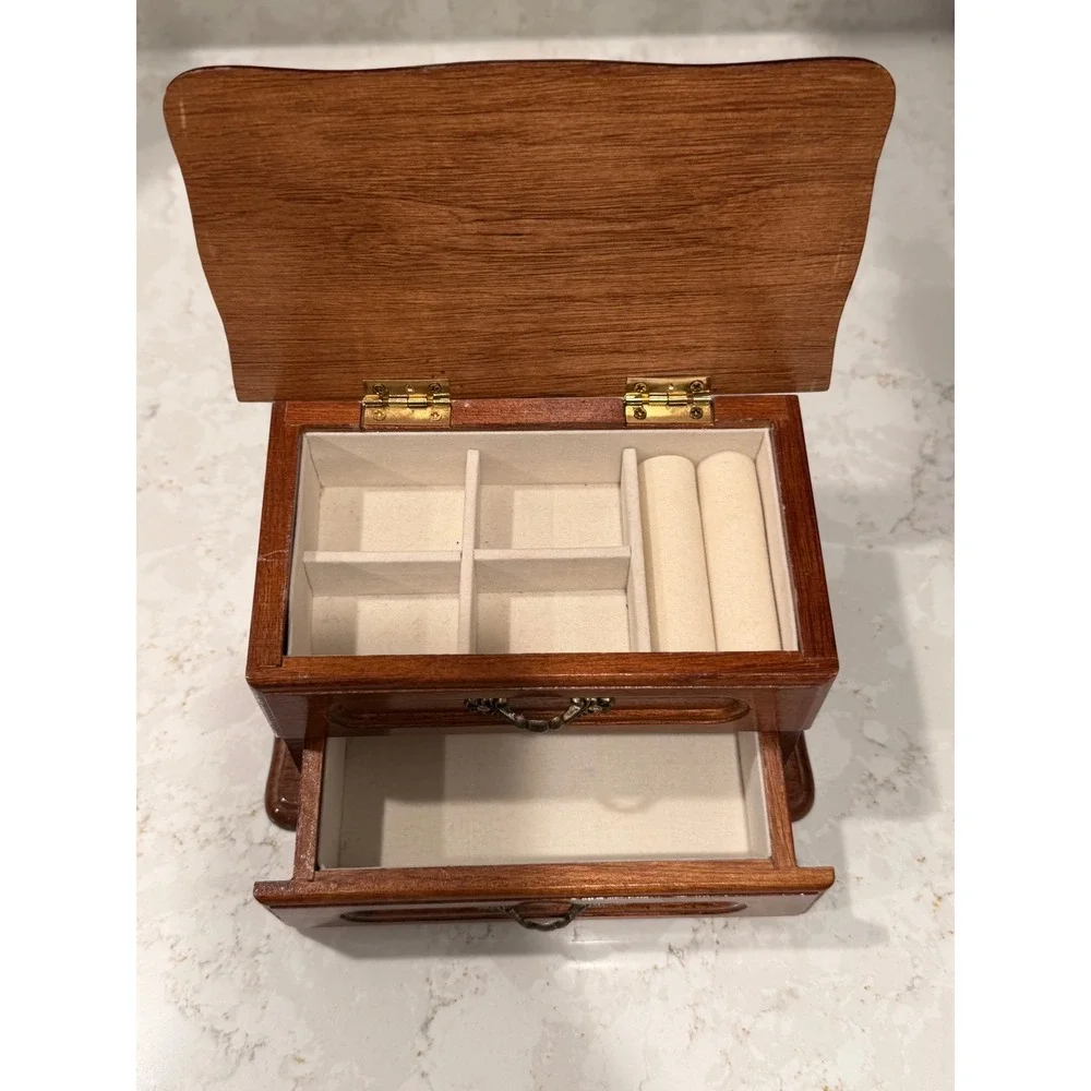 Small Wooden Jewelry Box with Drawer and Ring Inserts Warm Brown Finish Vintage